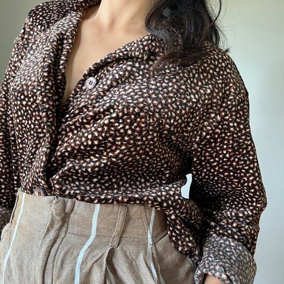 vtg 90s Clio velvet jacket blouse brown black leopard shirt size Large button up - Picture 4 of 8
